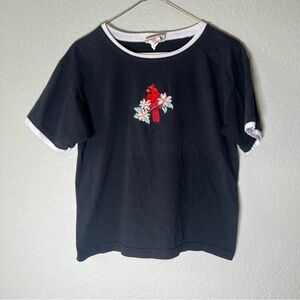 Daybreeze Vintage Winter Red Cardinal Embroidered Double Stitch Cropped Shirt M